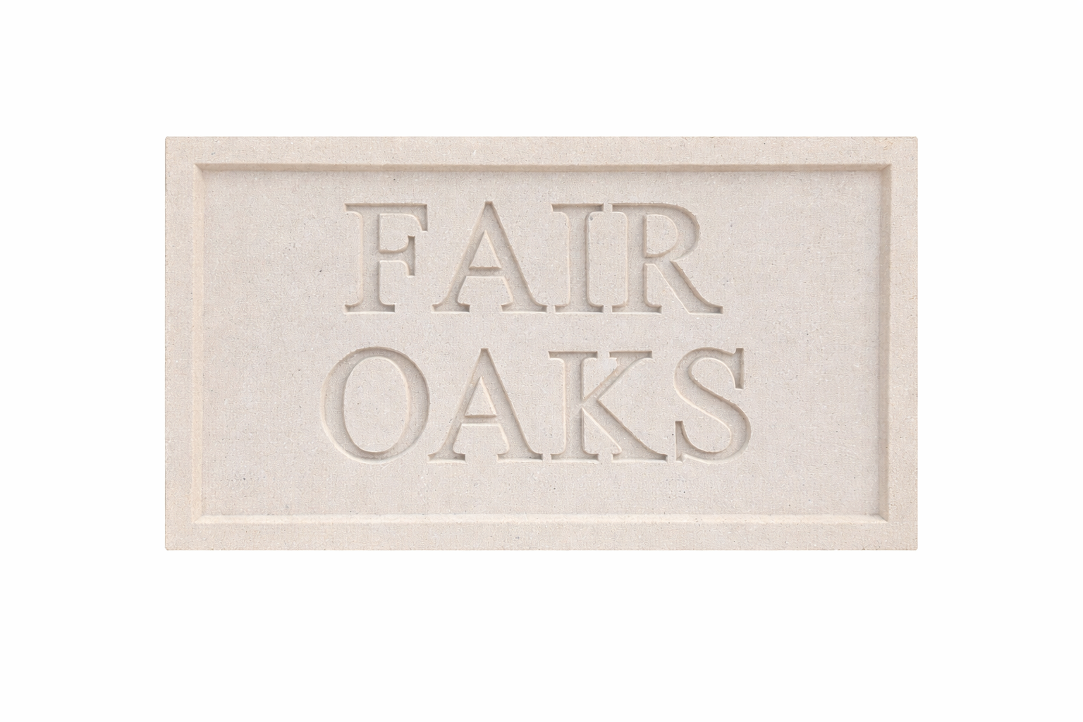 Cast stone name stone showing Fair Oaks